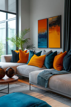 home decor, living room decor, living room ideas, vibrant living room, grey sofa Contrast With Gray Sofa, Dark Grey Couch Living Room With Pop Of Color, Blue Sofa Bright Cushions, Grey Living Room Pop Of Color, Grey Sofa Colorful Living Room, Grey And Color Living Room, Gray Couch With Colorful Pillows, Gray Blue White Living Room, Grey Yellow Blue Living Room