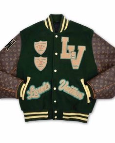 Louis Vuitton Atelier Fight Camp Green And Brown Wool/leather Varsity Jacket Louis Vuitton Varsity Jacket, Outlander Magazine, Lv Luggage, Green Varsity Jacket, Custom Varsity Jackets, Estilo Madison Beer, Leather Varsity Jackets, Vintage Louis Vuitton