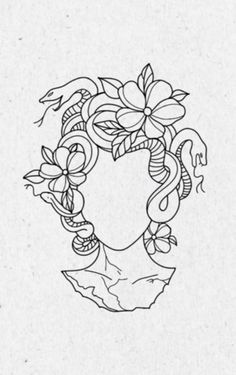 a drawing of a woman's head with flowers in her hair