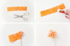 four pictures showing how to make an orange flower