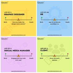 four different types of social media manager info sheet with the text life of a graphic designer