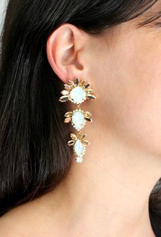 Bridal Earrings Bridal Opal Earrings Opal Chandelier Jeweled Dangle Bridal Earrings, Clip-on Dangle Bridal Earrings For Party, Jeweled Dangle Earrings For Wedding, Wedding Dangle Earrings With Jewels, White Jeweled Dangle Earrings, Bridal Earrings Statement, Statement Bridal Earrings, Bridal Dangle Earrings, Rose Gold Dangle Earrings