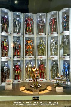 a display case filled with different types of action figures