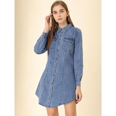 This Women's Denim Tunic Dress is crafted from soft and comfortable cotton denim, making it perfect for spring, autumn, and winter wear. The shirt dress features a flattering shape with pared-back details and a cinched waist. It includes a feminine silhouette, chest pockets, and a classic collar with a front button placket. The dress is cut to a flattering above-knee length. Pair it with canvas trainers for a casual, off-duty look. Please note that the model is wearing a size XS. Denim Tunic, Sheer Maxi Dress, Midi Denim, Sleeve Packaging, Feminine Silhouette, Collars For Women, Shirtdress, Cinched Waist, Winter Wear