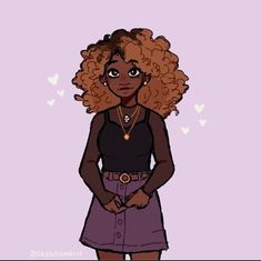 a drawing of a woman with curly hair wearing a black top and purple skirt standing in front of a pink background