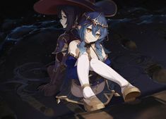 two anime characters sitting in the water with their arms around each other's backs