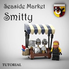 a lego man standing next to a stand with food on it and the words seaside market smitty