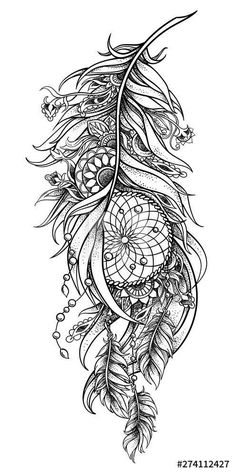 a drawing of a dream catcher with feathers