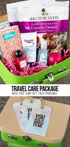 travel care package with free map gift tags printable for the traveler in your life