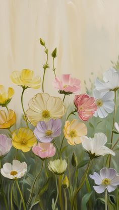 an oil painting of many different colored flowers