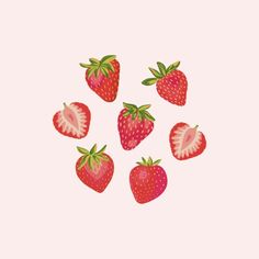 six strawberries arranged in the shape of a heart on a pink background with green leaves