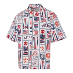 Leave no doubt that you are the number one Houston Astros supporter by adding this Americana shirt from Reyn Spooner to your rotation. It features a thrilling design of ballpark graphics, which includes team logos, baseball gloves, bats, hot dogs, popcorn and so much more. The one-of-a-kind look of this button-up top will quickly make it your go-to option for those warm Houston Astros game days. Material: 100% Cotton Full-button front Allover printed design Officially licensed Machine wash, tumb Relaxed Fit Short Sleeve Shirt For Sports Events, Sports Shirt With All Over Print And Short Sleeves, Short Sleeve Sports Shirt With All Over Print, Game Day Short Sleeve Graphic Print Shirt, Game Day Short Sleeve Graphic Shirt, Game Day Graphic Print Short Sleeve Shirt, Short Sleeve Graphic Print Shirt For Fans, Cotton Shirt With Sublimation Print For Fan Gear, Graphic Print Short Sleeve Shirt For Fan Gear