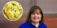 a woman is smiling and next to a photo of scrambled eggs with chives on top