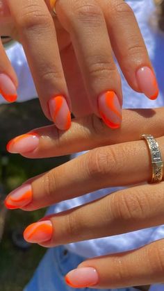 Peachy Orange Nails Art Designs, Fun Summer Nails Bright Orange, Florescent Orange Nail Ideas, Orange And Light Pink Nails, Short Orange Nails With Rhinestones, Neon Orange Nail Ideas Summer, Orange Pattern Nails, Neon Orange And Green Nails, Nails To Match Orange Dress