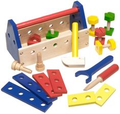 a wooden toy tool set with tools such as hammers, nails and pegs