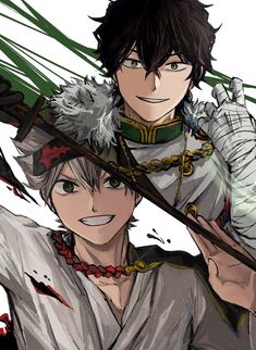 two anime characters with swords in their hands and one holding the other's arm