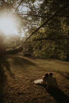 two people sitting in the grass under a tree