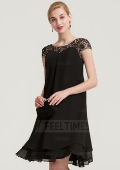 [$81.00] A-Line/Princess Bateau Short Sleeve Knee-Length Chiffon Mother Of The Bride Dress With Beading Ruffles Ruffle Bridesmaid Dress, Short Sleeve Bridesmaid Dress, Ruffles Bridesmaid Dresses, Bridesmaid Dresses Boho, High Low Prom Dresses, Black Jewel, Maxi Bridesmaid Dresses, Evening Dresses Short, Black Bridesmaid Dresses