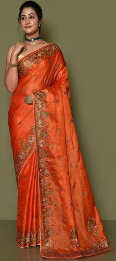 Orange color Saree in Banarasi Silk, Silk fabric with Embroidered, Resham, Thread, Zari work Reception Saree, Wedding Orange, Zari Work, Traditional Wedding, Silk Fabric, Orange Color, Thread, Saree, Silk