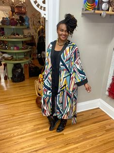 "Handmade with mixed fabric \"polyester \" this stylish kimono is a one size fit from a medium to a 3XL with pockets and it's also comfy and stretchy" Casual Kimono For Fall Loungewear, Casual Fall Kimono For Loungewear, Chic Fall Kimono For Loungewear, Casual Fall Loungewear Kimono, Chic Fall Loungewear Kimono, Casual Fall Robe, Casual Black Kimono For Day Out, Chic Multicolor Long Outerwear, Chic Long Multicolor Outerwear