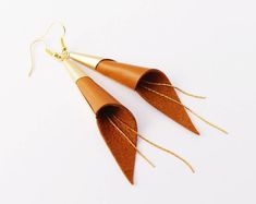 Cone genuine leather earrings - gold plated jewelry - Brown and gold earrings - modern earrings - we Party Leather Dangle Earrings, Elegant Brown Leather Earrings, Elegant Leather Earrings As Gift, Elegant Leather Earrings For Gift, Elegant Leather Earrings Perfect For Gifts, Elegant Leather Earrings With Ear Wire, Gold Leather Dangle Earrings, Elegant Leather Dangle Earrings, Gold Leather Earrings For Gift