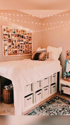 a bedroom with lights strung above the bed