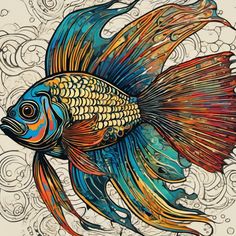 a drawing of a colorful fish with swirls on it's back and sides