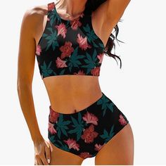 New Bikini Size Medium Floral Print Black Tropical Print Tankini For Summer, Black Summer Tankini With Tropical Print, Black Trendy Tankini For Beach Season, Black Tropical Swimwear For Spring, Trendy Black Tankini For Beach Season, Casual Black Tankini For Spring, Black Floral Print Tankini For Beach Season, Black Tankini For Spring Beach Party, Black Floral Print Tankini For Spring