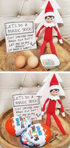 two pictures of an elf with eggs in front of it and another picture of an egg on the back