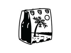 a black and white drawing of a refrigerator with a palm tree on the front door