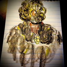 a drawing of a child's head and hands on top of a piece of lined paper