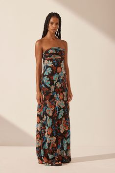 Flotte Silk Ruched Bodice Maxi Dress | Black/Multi | Dresses | Shona Joy – Shona Joy International Shona Joy, Guest Attire, Multi Dress, Maxi Dress Black, Strapless Maxi, Maxi Dress Online, Ruched Bodice, Strapless Maxi Dress, Formal Style