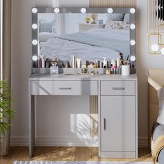 a vanity with lights on it in a bedroom