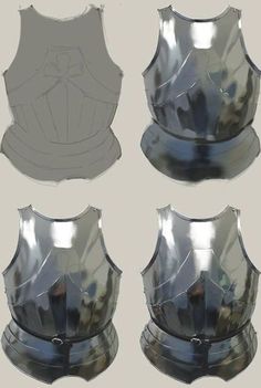 four metal armors are shown in three different angles