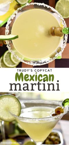 the mexican martini is served in a coupe glass with limes and an olive garnish