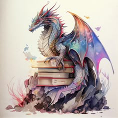 a watercolor painting of a dragon sitting on top of a pile of books