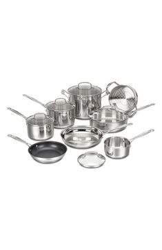 an assortment of pots and pans on a white background