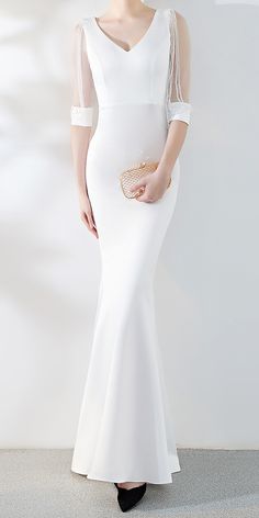 Elegant Backless Maxi Dress For Prom Season, Elegant Full Length Maxi Dress For Prom Season, Elegant Full Length Maxi Dress For Prom, Elegant Full-length Maxi Dress For Prom, Elegant Maxi Dress With Sweep Train For Prom, Elegant Lace Maxi Dress For Prom, Chic White Maxi Dress For Banquet, White Sheath Evening Dress For Party, White Evening Dress For Prom Season Banquet