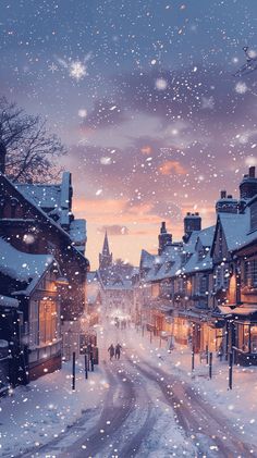 a snowy street with buildings and people walking in the snow at sunset or dawn on a cold winter's day