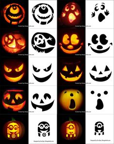 pumpkins with faces carved into them in different shapes and sizes, all lit up