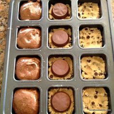 an open muffin pan filled with cookies and doughnuts