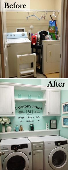 before and after pictures of a laundry room with dryer, washer and dryer