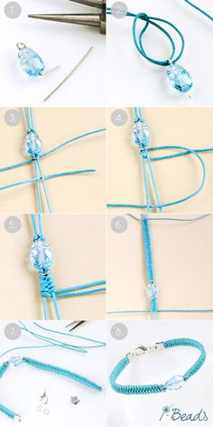 instructions to make a beaded bracelet with blue thread and beads on the end,