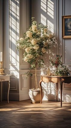 a room with a table and flowers in it