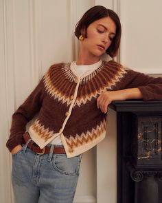 J.Crew: Fair Isle Cardigan Sweater In Brushed Yarn For Women J Crew Holiday, Fair Isle Cardigan, Linen Cardigan, Textured Yarn, Sweater Crop, Collar Cardigan, Fair Isle Sweater, Brown Sweater, Wool Cardigan