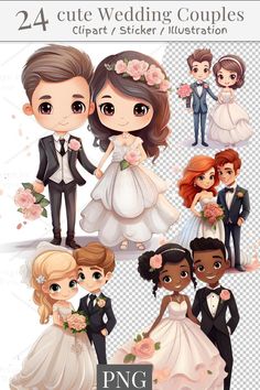 cartoon wedding couple clipart with bride and grooms in tuxedos, dress up suits