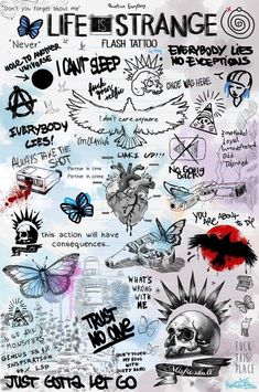 a poster with different types of tattoos and writing on it's sides, including the words