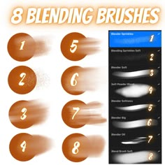 eight blending brushes for photoshopped with the numbers and shapes used to create them