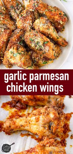 garlic parmesan chicken wings on a white plate with text overlay that reads garlic parmesan chicken wings