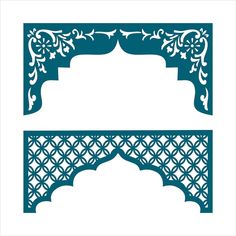 two cut outs with an intricate design on the top and bottom, one in teal blue